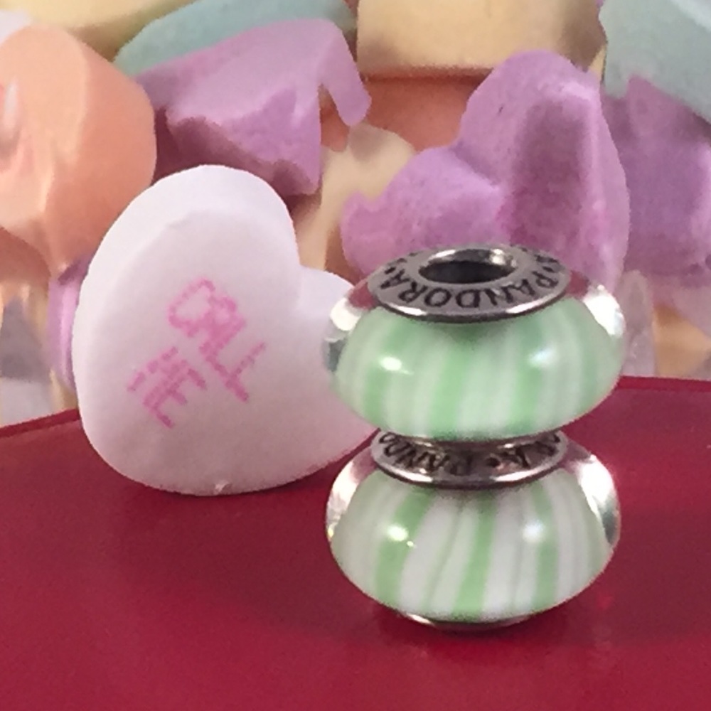 2 PANDORA SS Murano Green Candy Stripes Beads